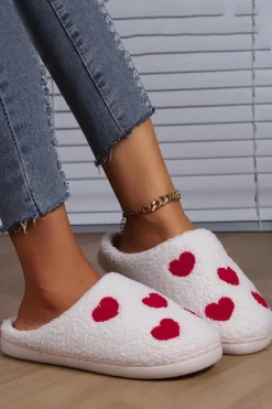 Best Dear-Lover Valentines Day Hearts Print Plush House Slippers White