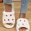 Fashion Dear-Lover Valentines Heart Embroidered Fuzzy Winter House Slippers White