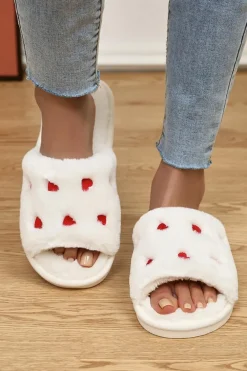 Fashion Dear-Lover Valentines Heart Embroidered Fuzzy Winter House Slippers White