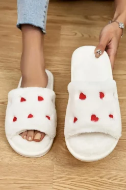 Fashion Dear-Lover Valentines Heart Embroidered Fuzzy Winter House Slippers White
