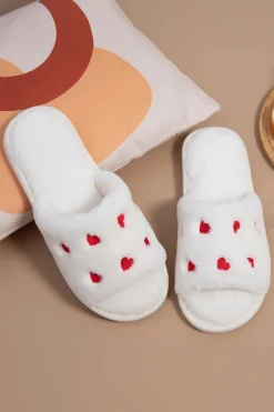 Fashion Dear-Lover Valentines Heart Embroidered Fuzzy Winter House Slippers White