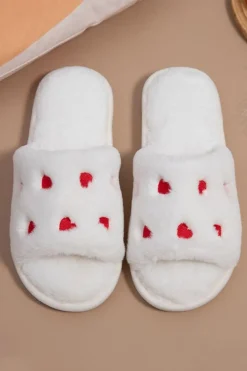 Fashion Dear-Lover Valentines Heart Embroidered Fuzzy Winter House Slippers White