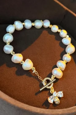 Best Dear-Lover Vintage Bee Rhinestone Baroque Pearl Bracelet White
