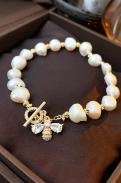 Best Dear-Lover Vintage Bee Rhinestone Baroque Pearl Bracelet White