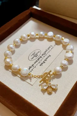 Best Dear-Lover Vintage Bee Rhinestone Baroque Pearl Bracelet White