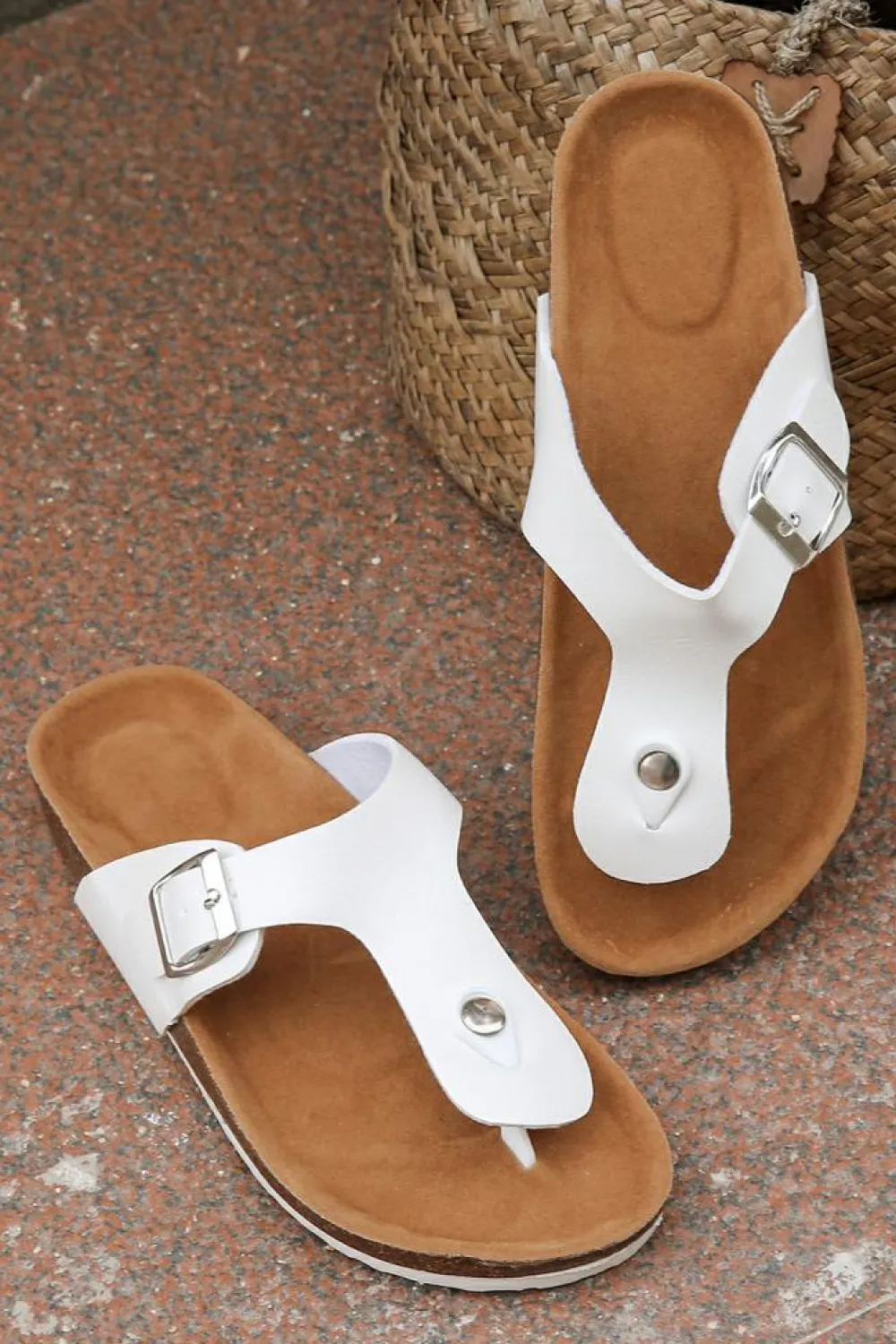 Online Dear-Lover Vintage Buckle PU Leather Thong Slippers White