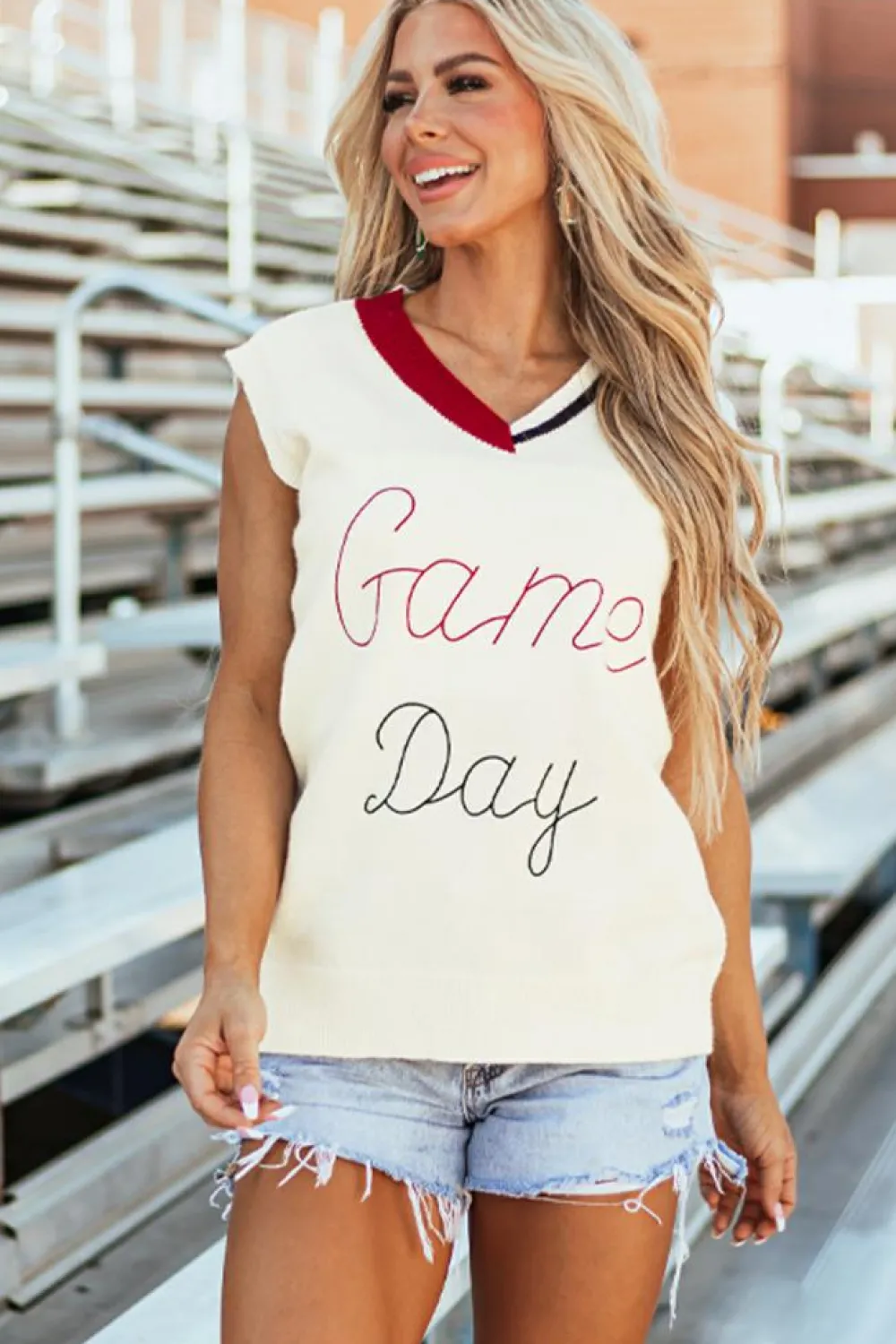 Online Dear-Lover Vintage Game Day Sweater Vest White