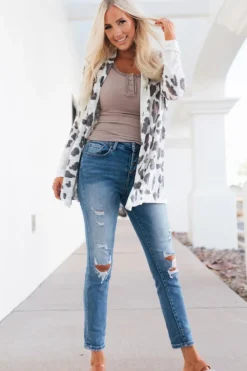 Discount Dear-Lover Vintage Leopard Print Open Cardigan White
