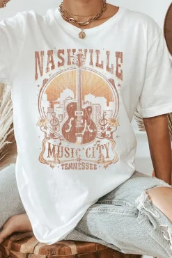 Fashion Dear-Lover Vintage NASHVILLE Music City Crewneck Graphic T Shirt White