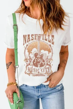 Fashion Dear-Lover Vintage NASHVILLE Music City Crewneck Graphic T Shirt White
