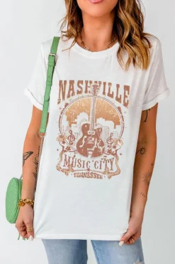 Fashion Dear-Lover Vintage NASHVILLE Music City Crewneck Graphic T Shirt White