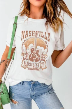 Fashion Dear-Lover Vintage NASHVILLE Music City Crewneck Graphic T Shirt White