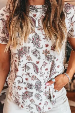 Outlet Dear-Lover Vintage Paisley Mock Neck T Shirt White