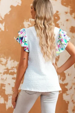 New Dear-Lover Voluminous Printed Puff Sleeve Textured Top White
