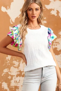 New Dear-Lover Voluminous Printed Puff Sleeve Textured Top White