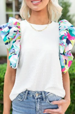 New Dear-Lover Voluminous Printed Puff Sleeve Textured Top White