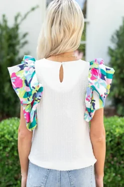 New Dear-Lover Voluminous Printed Puff Sleeve Textured Top White