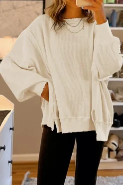 Discount Dear-Lover Waffle knit Bishop Sleeve Split Oversized Top White
