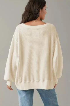 Discount Dear-Lover Waffle knit Bishop Sleeve Split Oversized Top White