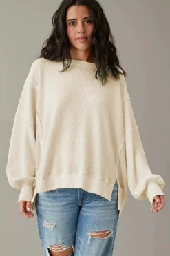 Discount Dear-Lover Waffle knit Bishop Sleeve Split Oversized Top White