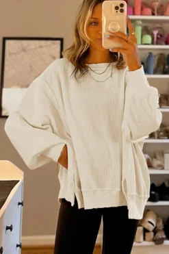 Discount Dear-Lover Waffle knit Bishop Sleeve Split Oversized Top White