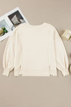 Discount Dear-Lover Waffle knit Bishop Sleeve Split Oversized Top White