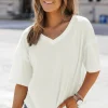 Clearance Dear-Lover Waffle Knit Drop Shoulder Loose Top White