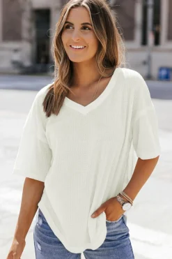 Clearance Dear-Lover Waffle Knit Drop Shoulder Loose Top White