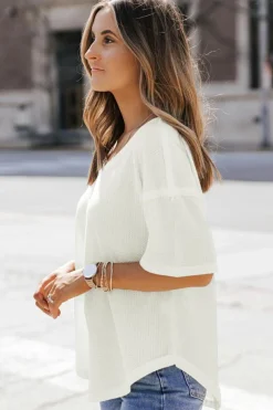 Clearance Dear-Lover Waffle Knit Drop Shoulder Loose Top White