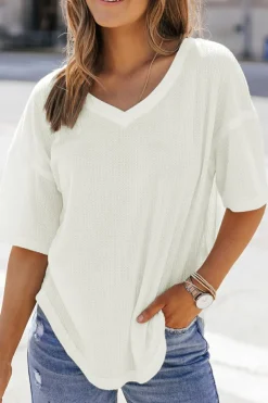 Clearance Dear-Lover Waffle Knit Drop Shoulder Loose Top White
