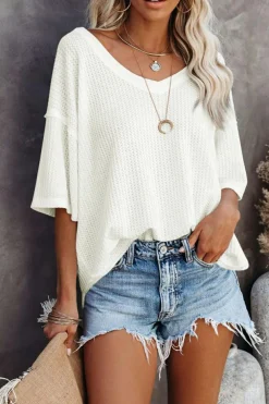 Clearance Dear-Lover Waffle Knit Drop Shoulder Loose Top White
