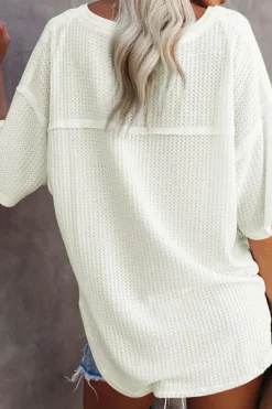 Clearance Dear-Lover Waffle Knit Drop Shoulder Loose Top White