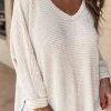 New Dear-Lover Waffle Knit Side Slits Loose Fit V Neck Top White