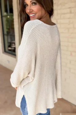 New Dear-Lover Waffle Knit Side Slits Loose Fit V Neck Top White