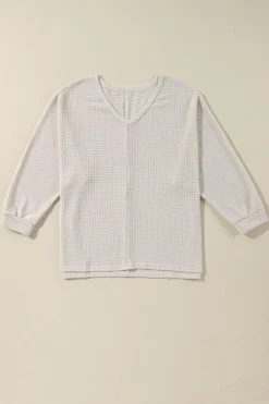 New Dear-Lover Waffle Knit Side Slits Loose Fit V Neck Top White