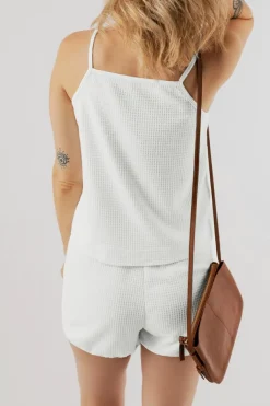 Fashion Dear-Lover Waffle Knit Textured Spaghetti Straps Cami and Shorts Set White