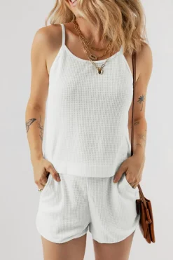 Fashion Dear-Lover Waffle Knit Textured Spaghetti Straps Cami and Shorts Set White