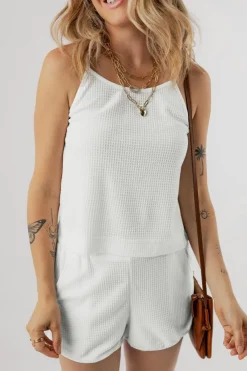 Fashion Dear-Lover Waffle Knit Textured Spaghetti Straps Cami and Shorts Set White