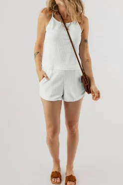 Fashion Dear-Lover Waffle Knit Textured Spaghetti Straps Cami and Shorts Set White