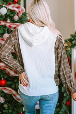 Discount Dear-Lover Waffle Patch Plaid Sleeve Kangaroo Pocket Hoodie White