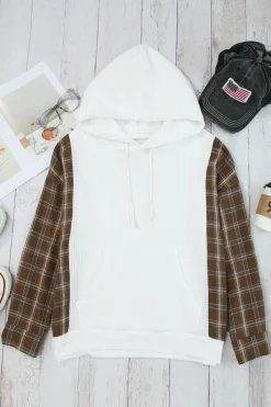 Discount Dear-Lover Waffle Patch Plaid Sleeve Kangaroo Pocket Hoodie White