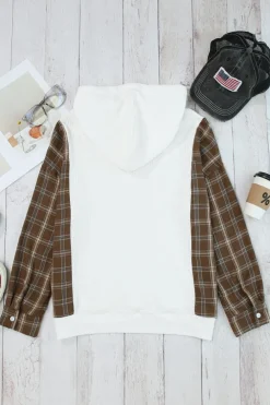 Discount Dear-Lover Waffle Patch Plaid Sleeve Kangaroo Pocket Hoodie White