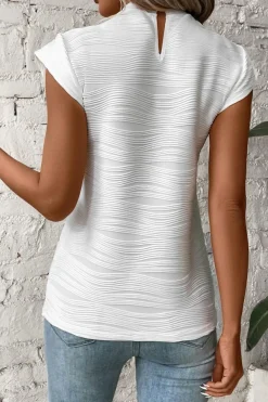 Outlet Dear-Lover Wavy Textured Mock Neck Cap Sleeve Top White