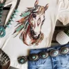 Discount Dear-Lover Western Aztec Horse Graphic Crewneck Tee White