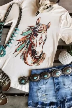 Discount Dear-Lover Western Aztec Horse Graphic Crewneck Tee White