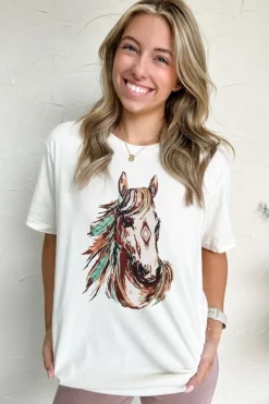 Discount Dear-Lover Western Aztec Horse Graphic Crewneck Tee White