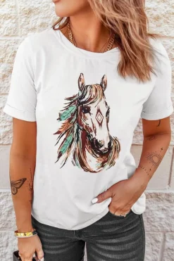 Discount Dear-Lover Western Aztec Horse Graphic Crewneck Tee White