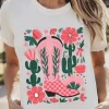 Fashion Dear-Lover Western Boots Flower Print Round Neck T Shirt White