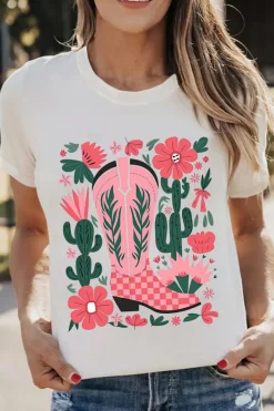 Fashion Dear-Lover Western Boots Flower Print Round Neck T Shirt White