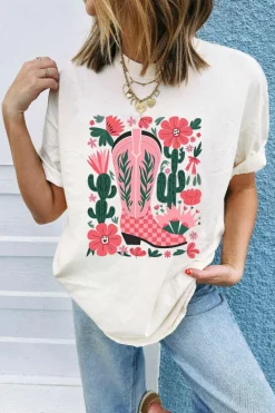 Fashion Dear-Lover Western Boots Flower Print Round Neck T Shirt White